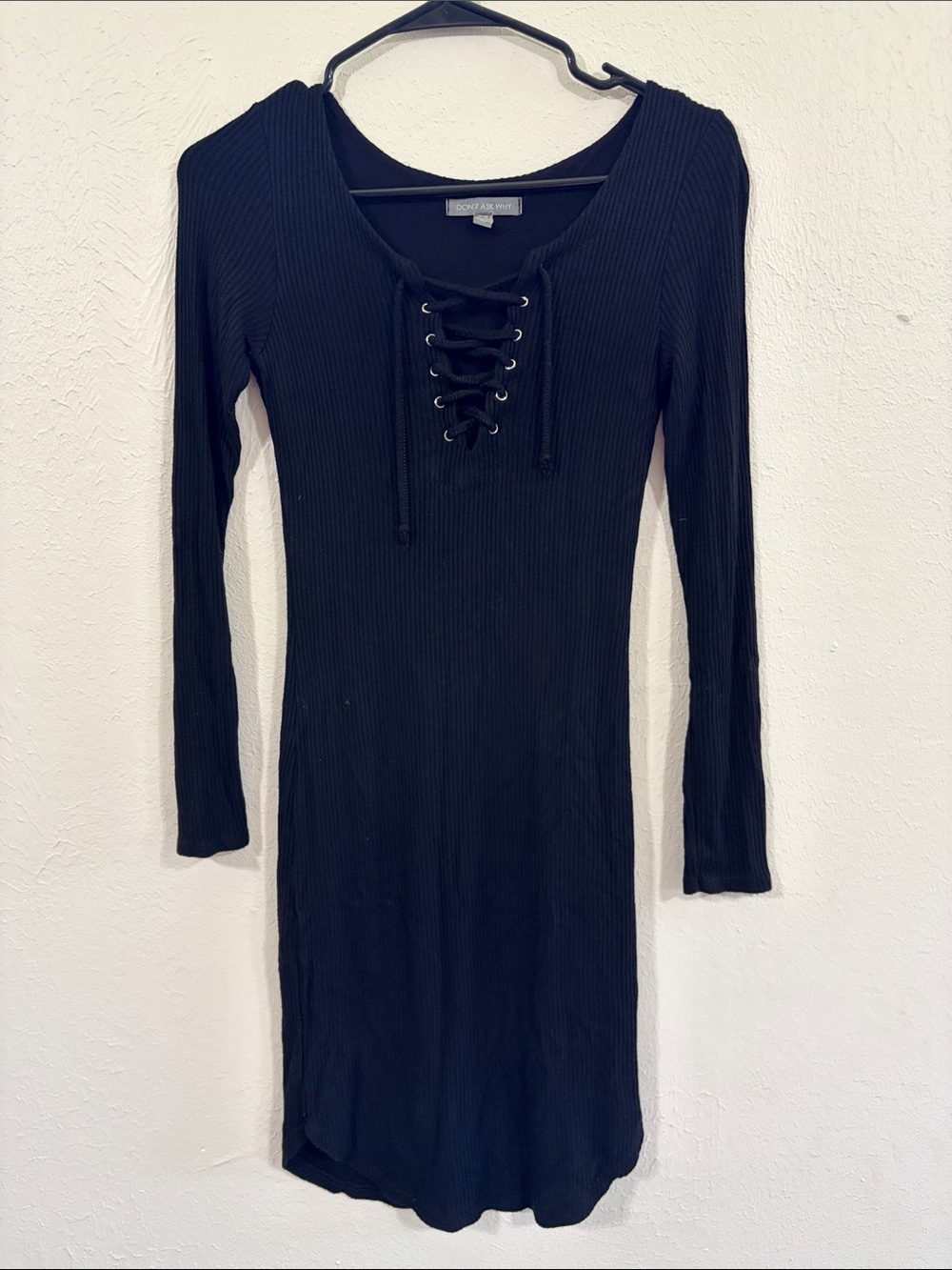 Ribbed Lace-Up Long Sleeve Dress - Black